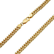 Close-up view of a 10k & 14k gold pavé Franco chain necklace showing its lobster clasp detail.