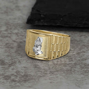 Yellow gold Rolex-style ring featuring a detailed white gold praying hands emblem on top.