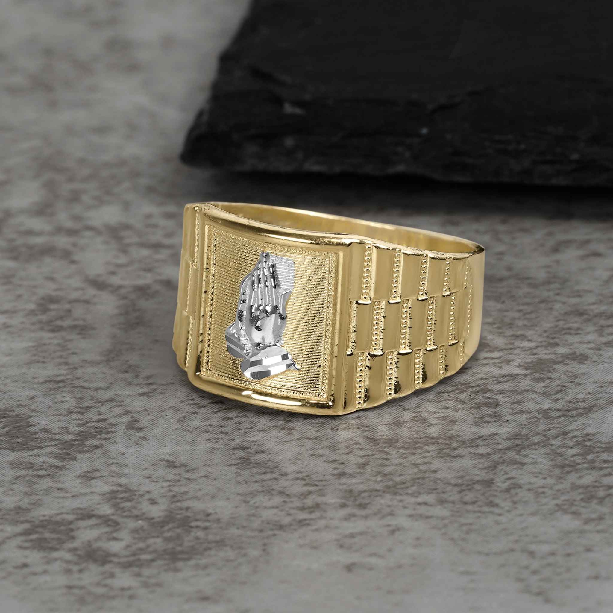 Yellow gold Rolex-style ring featuring a detailed white gold praying hands emblem on top.