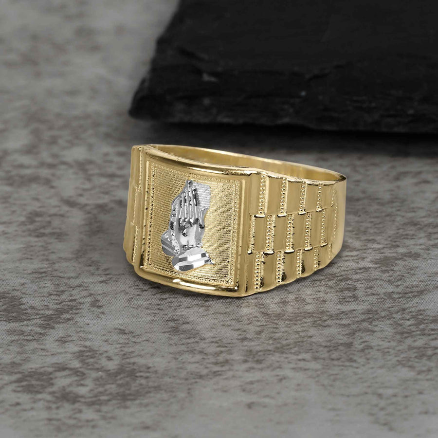 Yellow gold Rolex-style ring featuring a detailed white gold praying hands emblem on top.