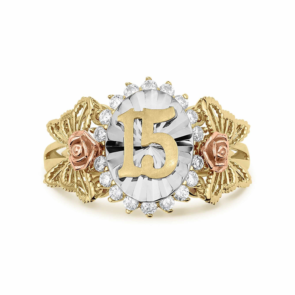 Front view of tri-color gold Quinceañera 15 ring on a white background.
