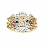 Front view of tri-color gold Quinceañera 15 ring on a white background.