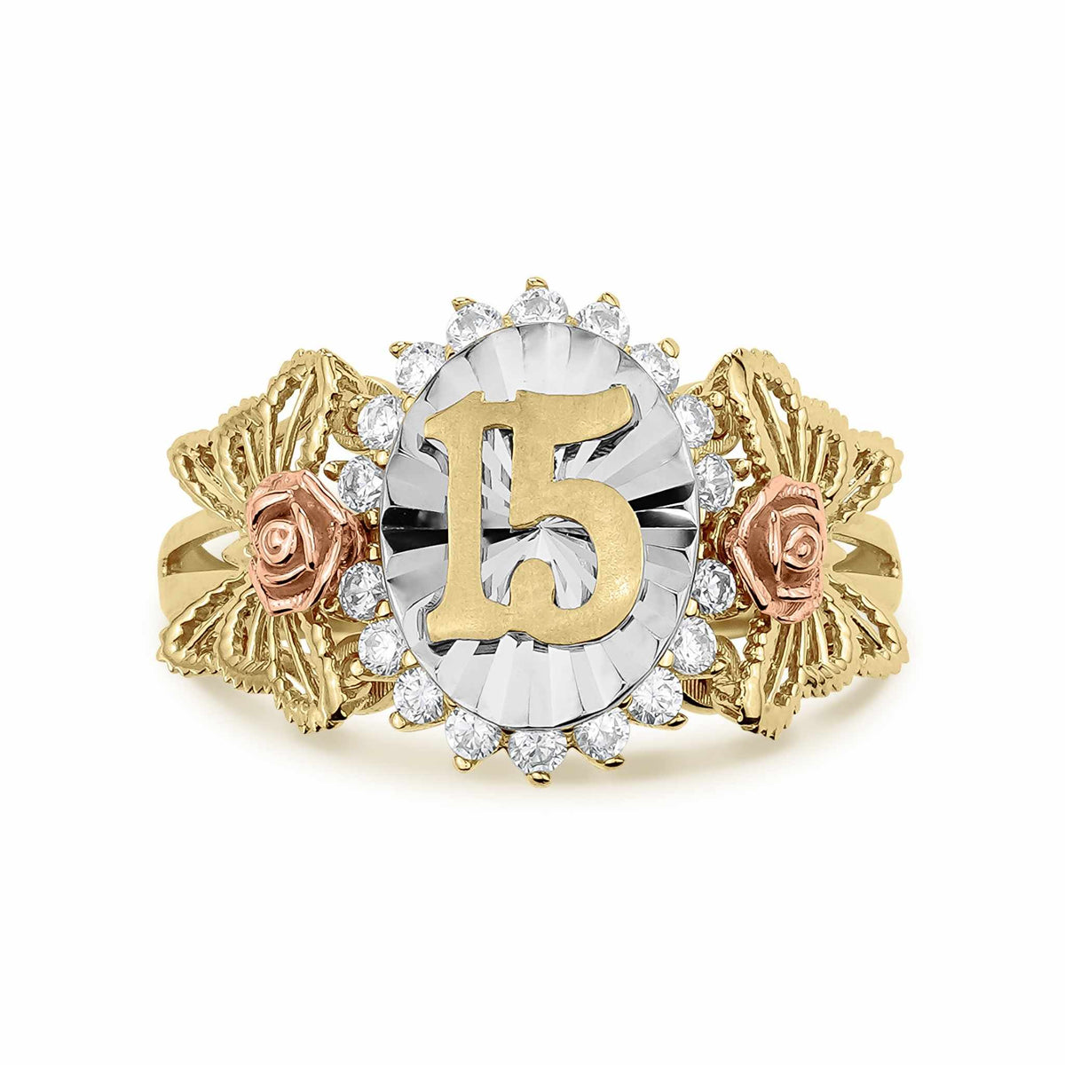 Front view of tri-color gold Quinceañera 15 ring on a white background.