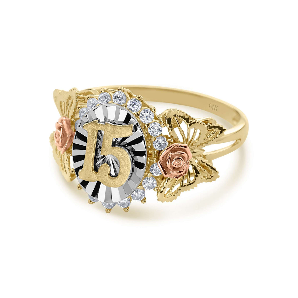 Angled view of tri-color gold Quinceañera Blanco ring with roses and butterflies.