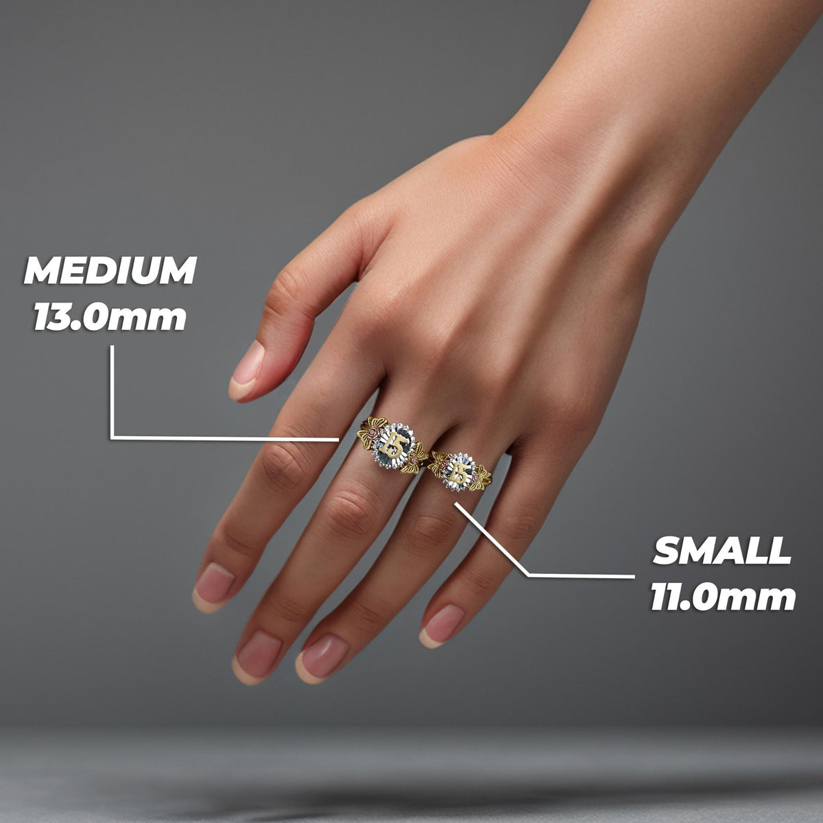 Model wearing two gold Quinceañera rings labeled small 11mm and medium 13mm.