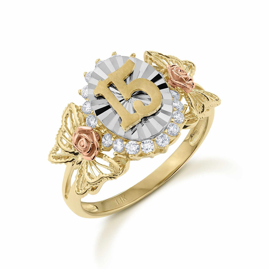 Tri-color gold Quinceañera ring with number 15, roses, butterflies, and cubic zirconia.