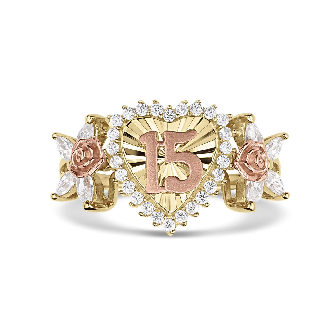 Front view of 10k or 14k gold Blingin heart Quinceañera ring with cubic zirconia.