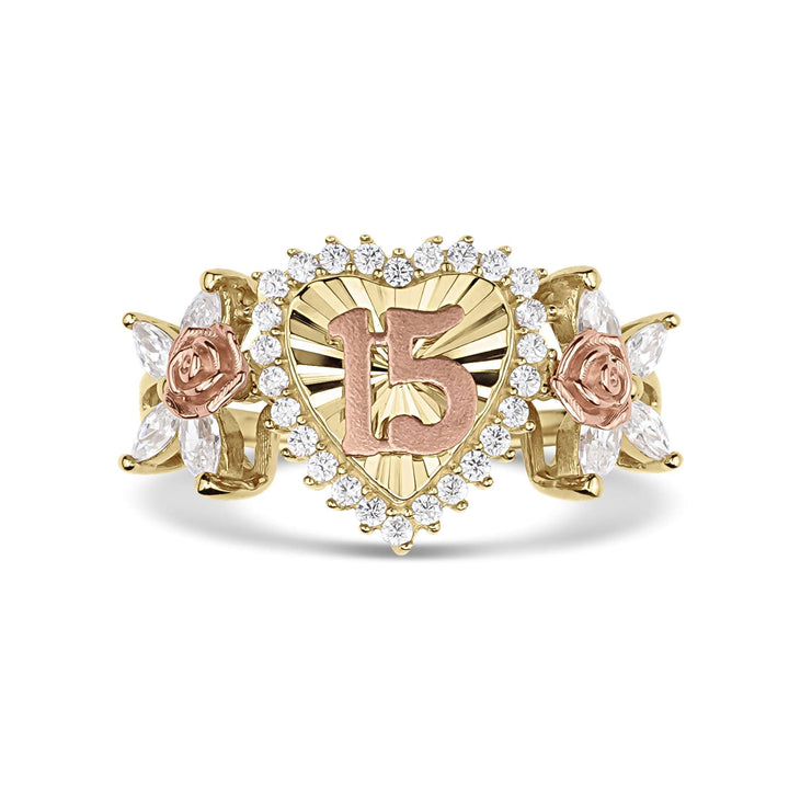 Front view of 10k or 14k gold Blingin heart Quinceañera ring with cubic zirconia.