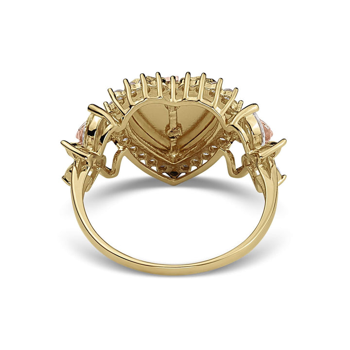 Back view of a gold two-tone Blingin heart Quinceañera ring on white background.