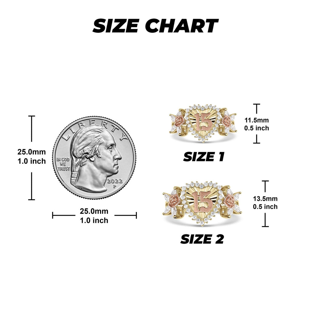 Size chart comparing two sizes of the gold heart Quinceañera ring to a quarter.
