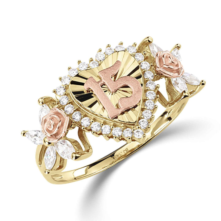 Two-tone gold Quinceañera 15 heart ring with rose and cubic zirconia on white.