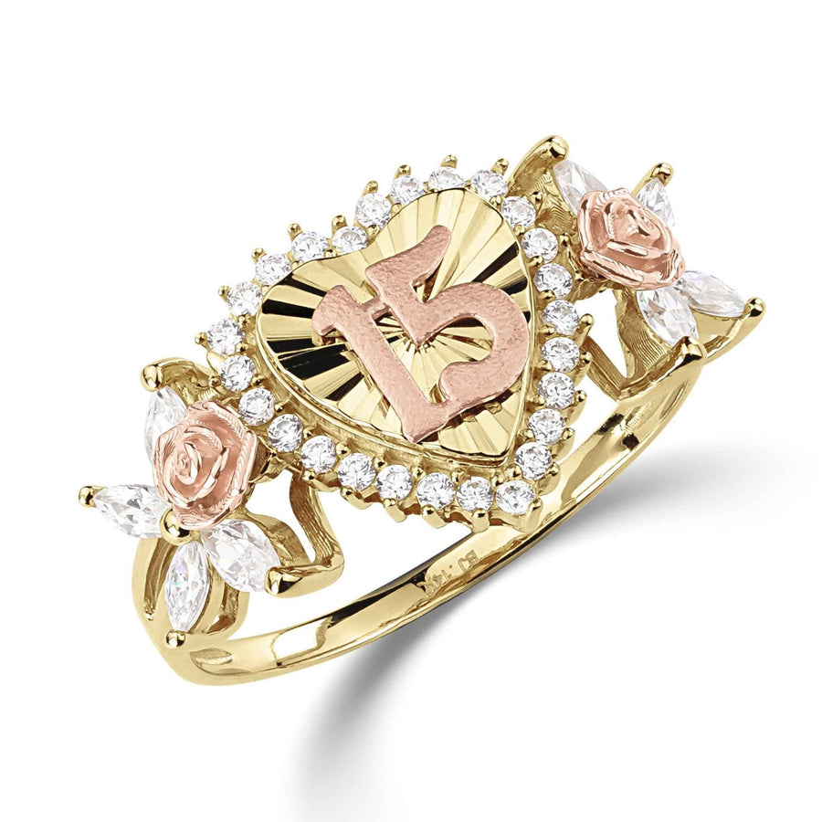 Two-tone gold Quinceañera 15 heart ring with rose and cubic zirconia on white.