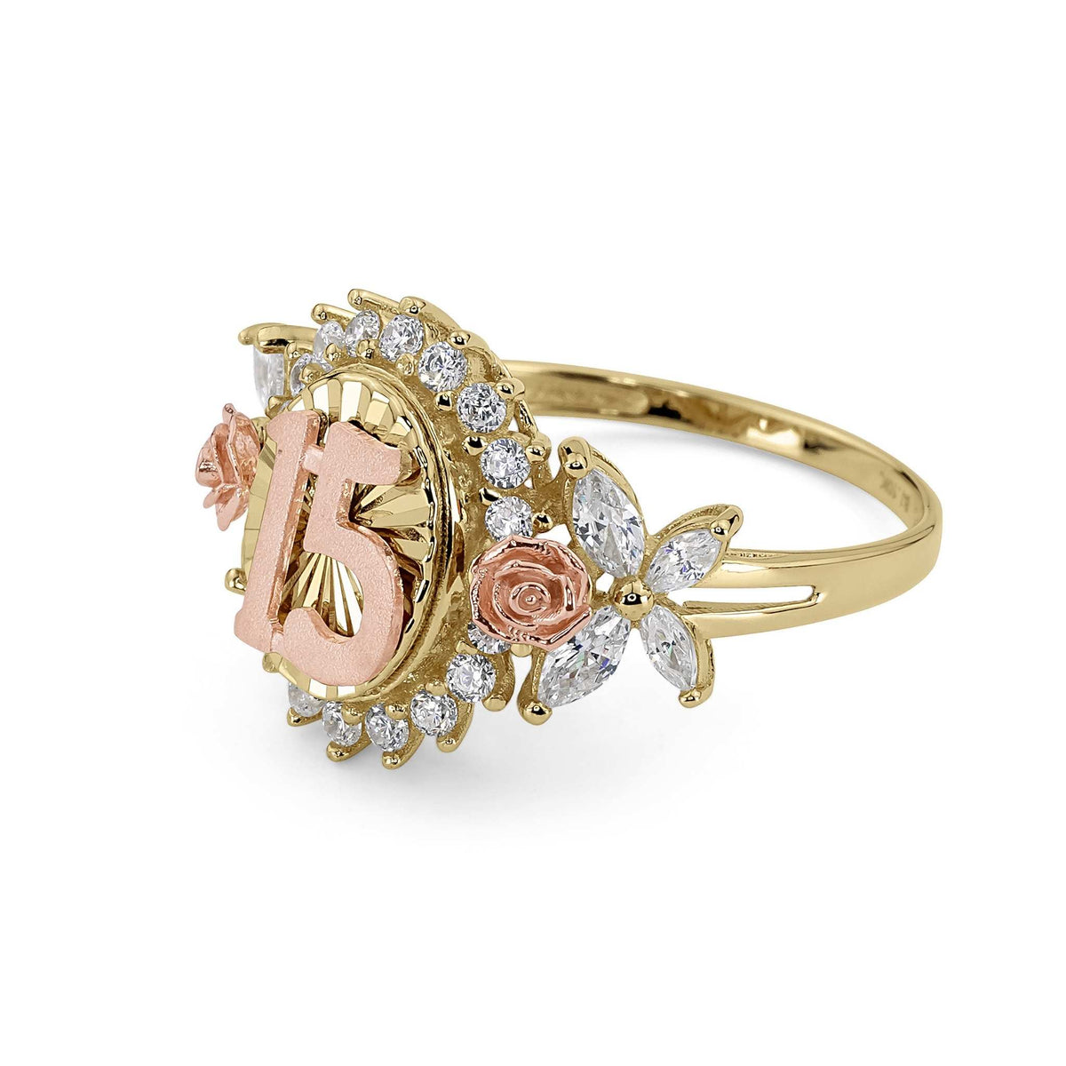 Side angle of 10k & 14k Gold Quinceanera Blingin Two-Tone Ring on a white background.