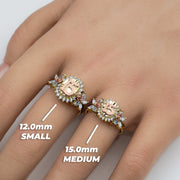 Hand wearing 12.0mm small and 15.0mm medium two-tone gold Quinceañera rings.