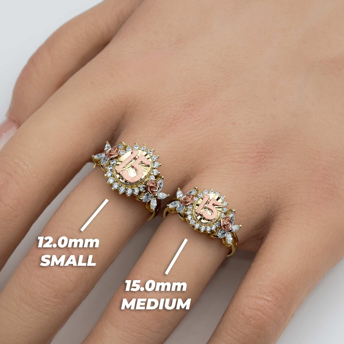 Hand wearing 12.0mm small and 15.0mm medium two-tone gold Quinceañera rings.