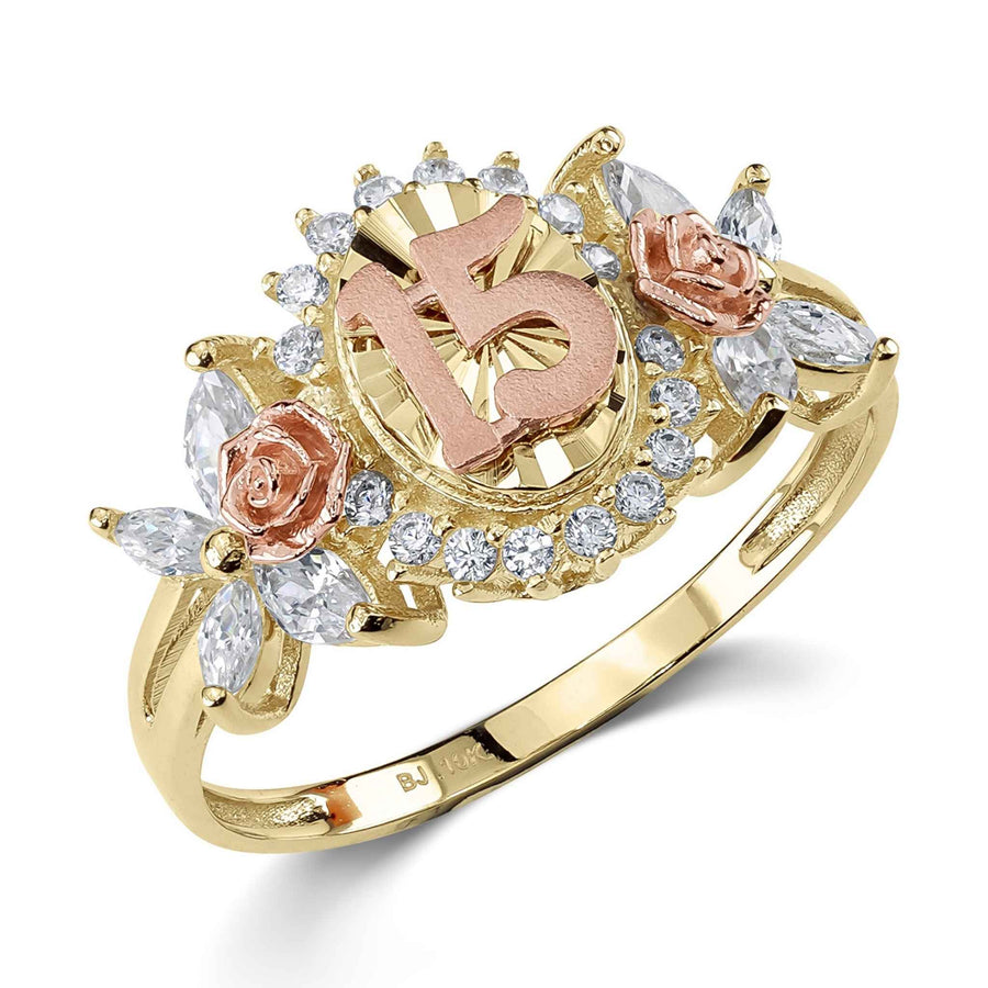 Yellow and rose gold 15th birthday ring adorned with sparkling cubic zirconia borders.