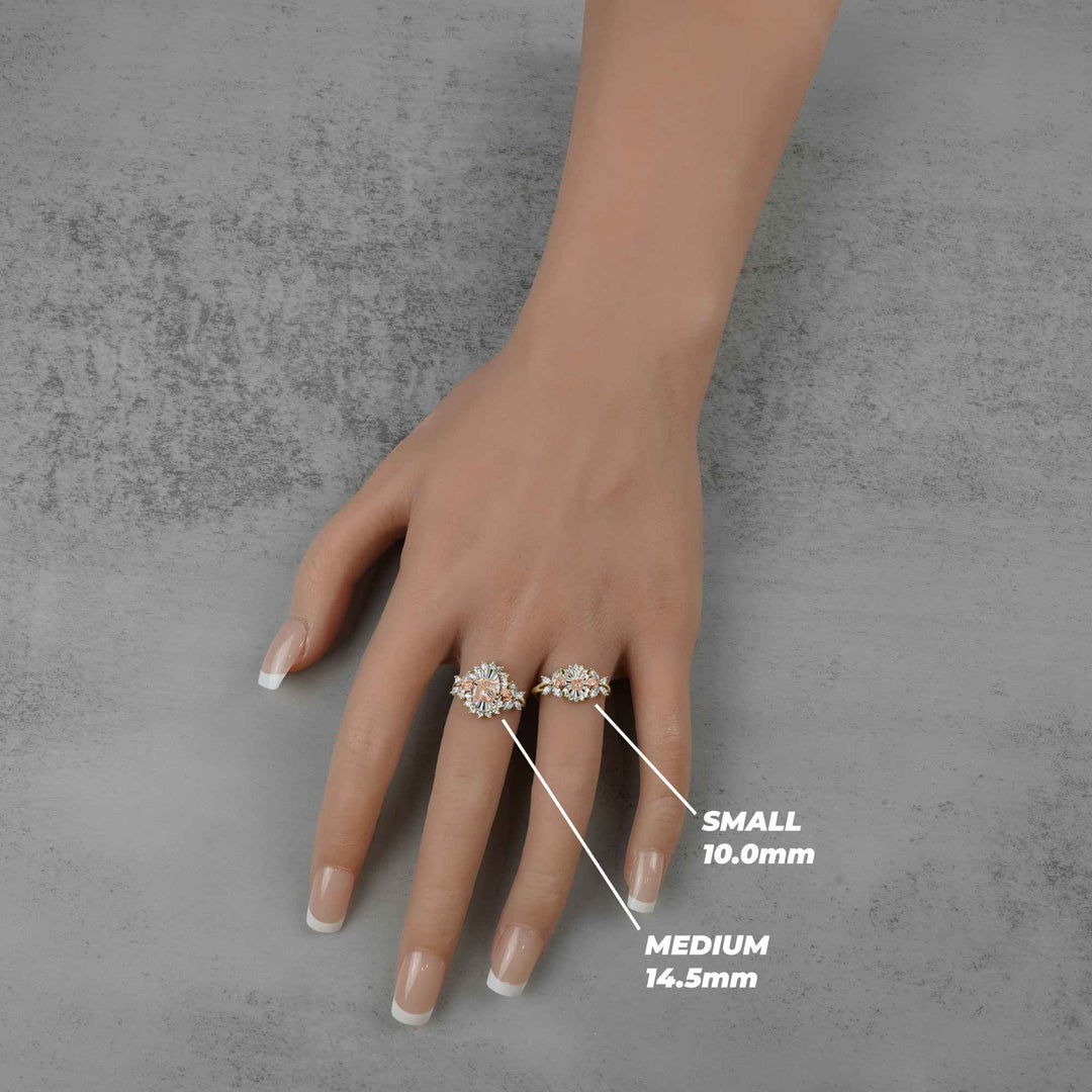 Hand wearing two rings with size labels on a gray background