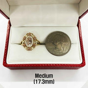 10k - 14k Gold  Quinceanera Bloom Rose ring next to a quarter for comparison.