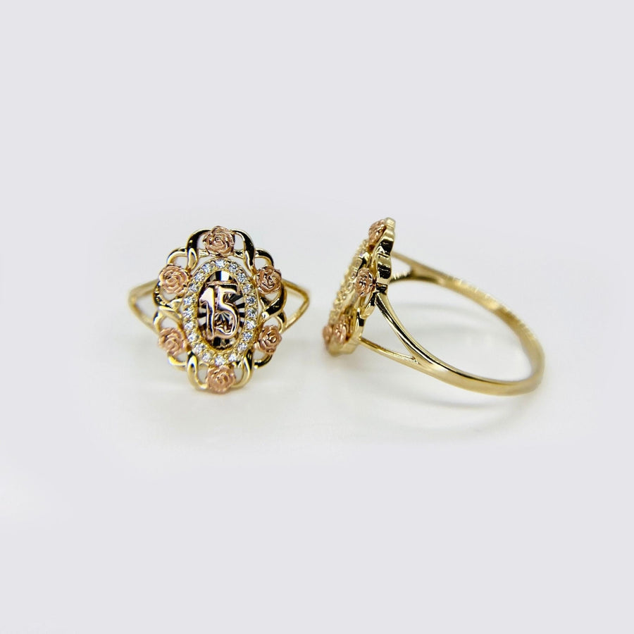 Two 10k - 14k gold Quinceanera Bloom Rose Tri-Color Ring with intricate designs.