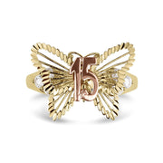 Front view of 10k or 14k yellow and rose gold butterfly Quinceañera ring.