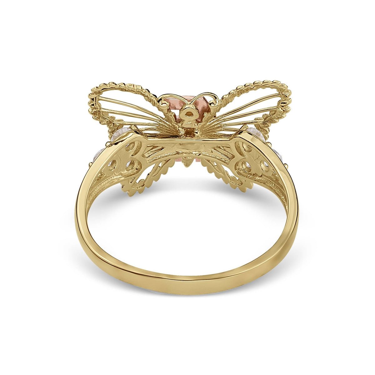 Back view of a gold two-tone classic butterfly Quinceañera ring on white background.