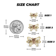 Size chart comparing three sizes of the gold butterfly Quinceañera ring to a quarter.
