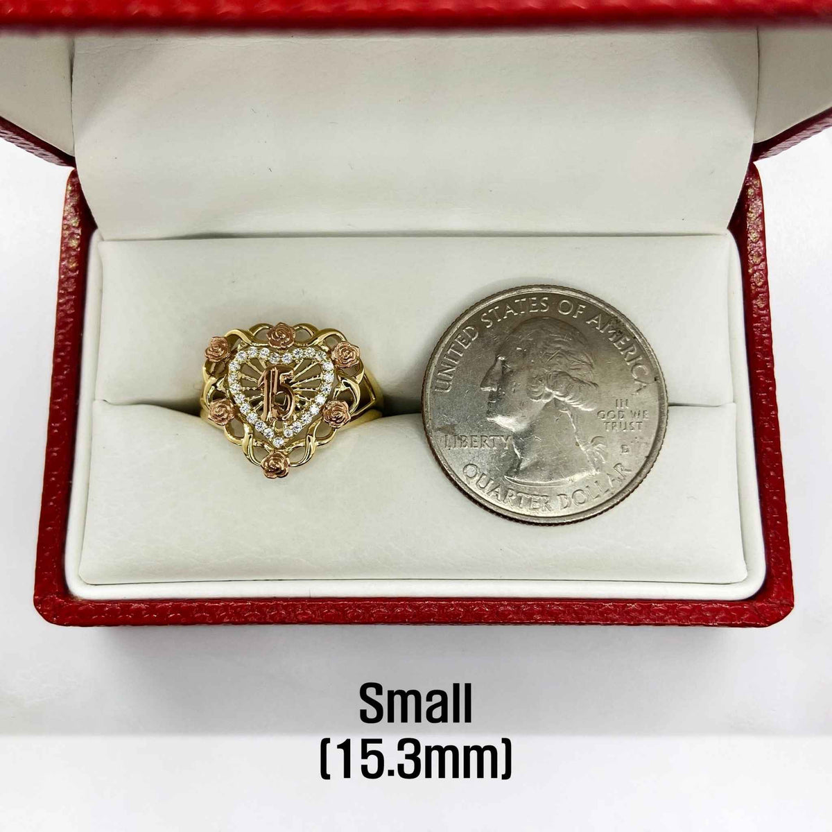 10k - 14k Gold Bloom Rose heart shaped ring in a red box with a quarter for scale on a white background