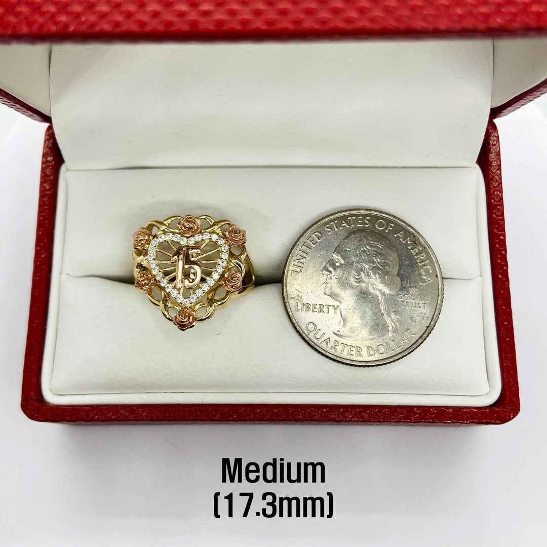 10k - 14k Gold Bloom Rose heart shaped ring with  next to a quarter in a red box