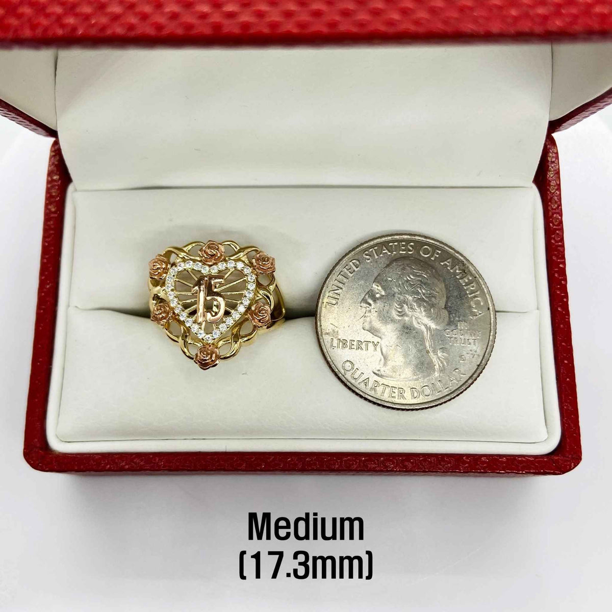 10k - 14k Gold Bloom Rose heart shaped ring with  next to a quarter in a red box