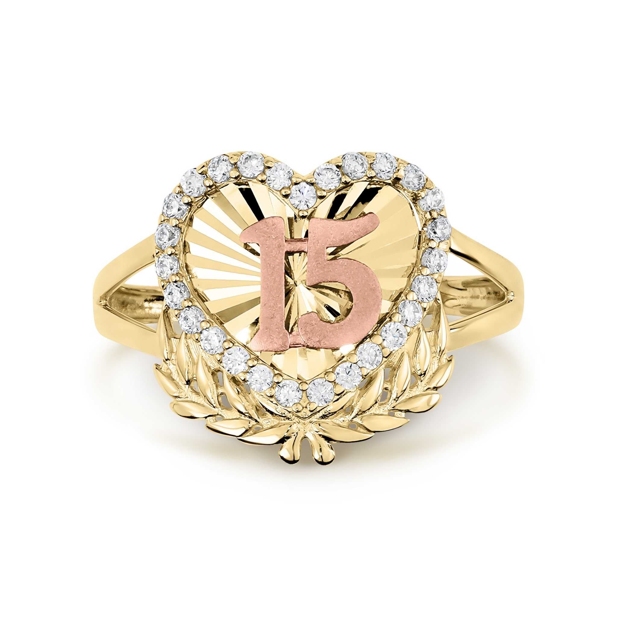 10k 14k gold quinceanera two-tone heart wing ring with 15 center.
