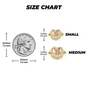 Size chart comparing small and medium 10k 14k gold quinceanera heart wing rings to a quarter.