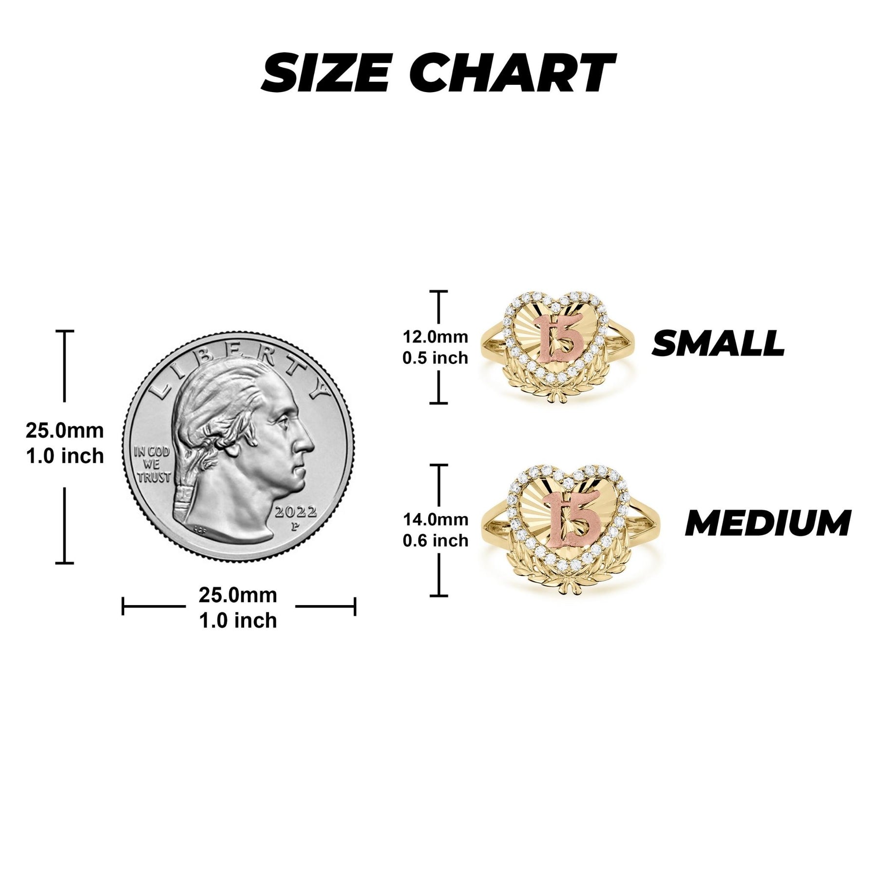 Size chart comparing small and medium 10k 14k gold quinceanera heart wing rings to a quarter.