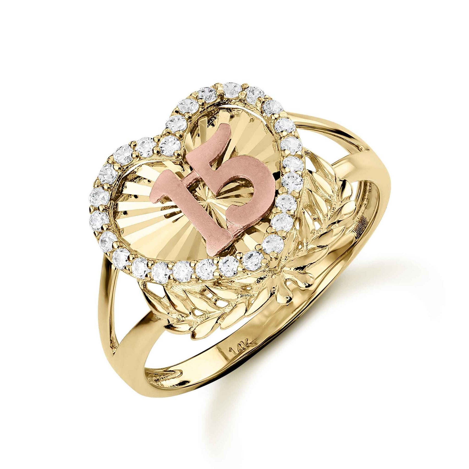 10k 14k gold quinceanera two-tone heart wing ring with 15 emblem.