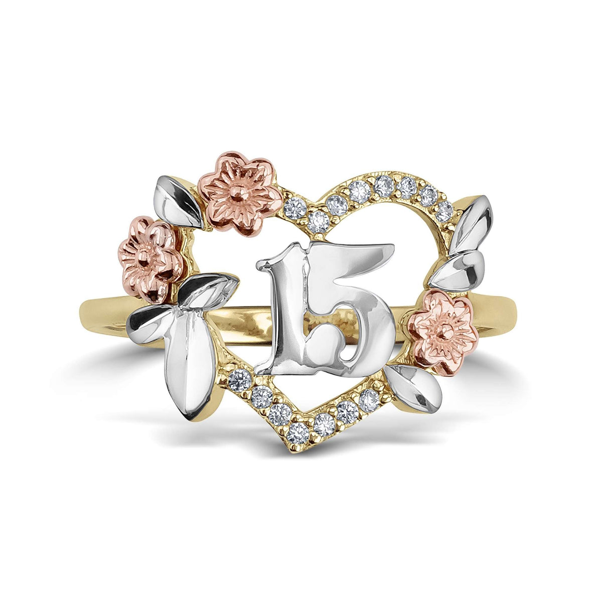 Tri-color gold Quinceañera ring featuring a hollow heart frame and glittering gemstone accents.