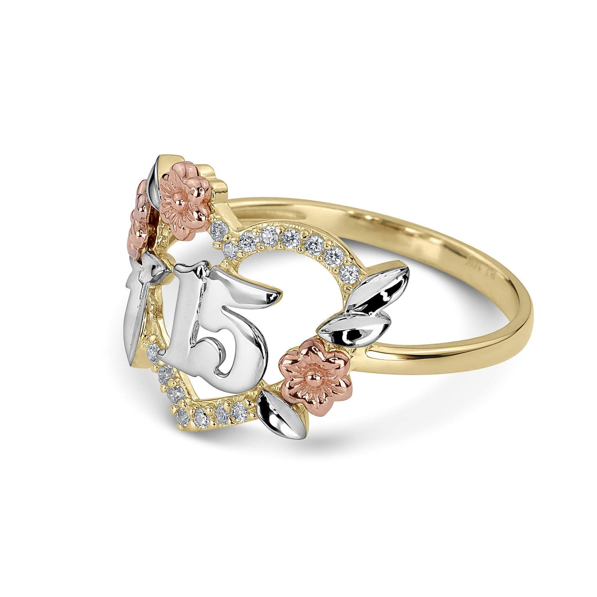 Side view of a tri-color gold heart ring featuring the number 15