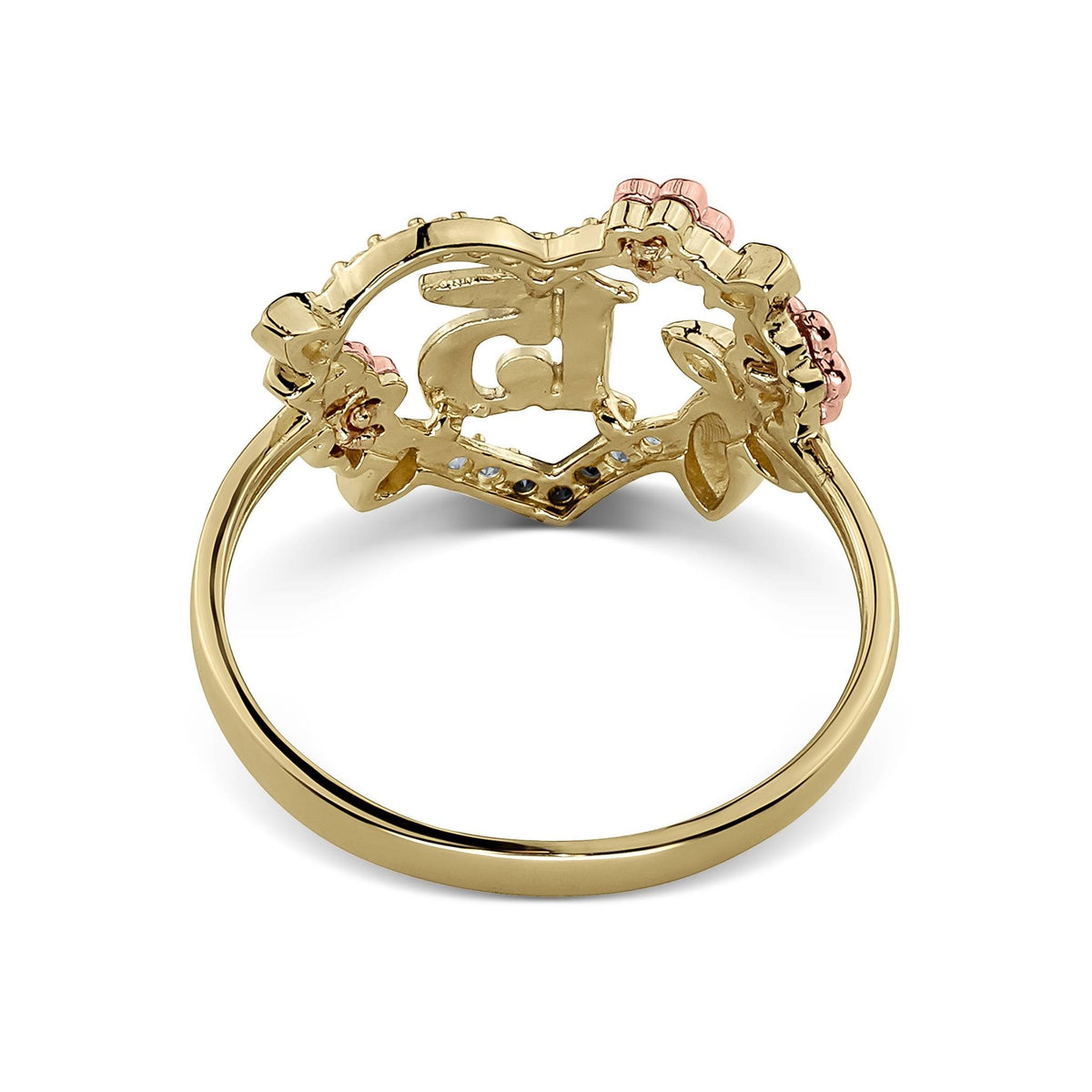 Inside view of a tri-color gold Quinceañera heart ring showing the number 15