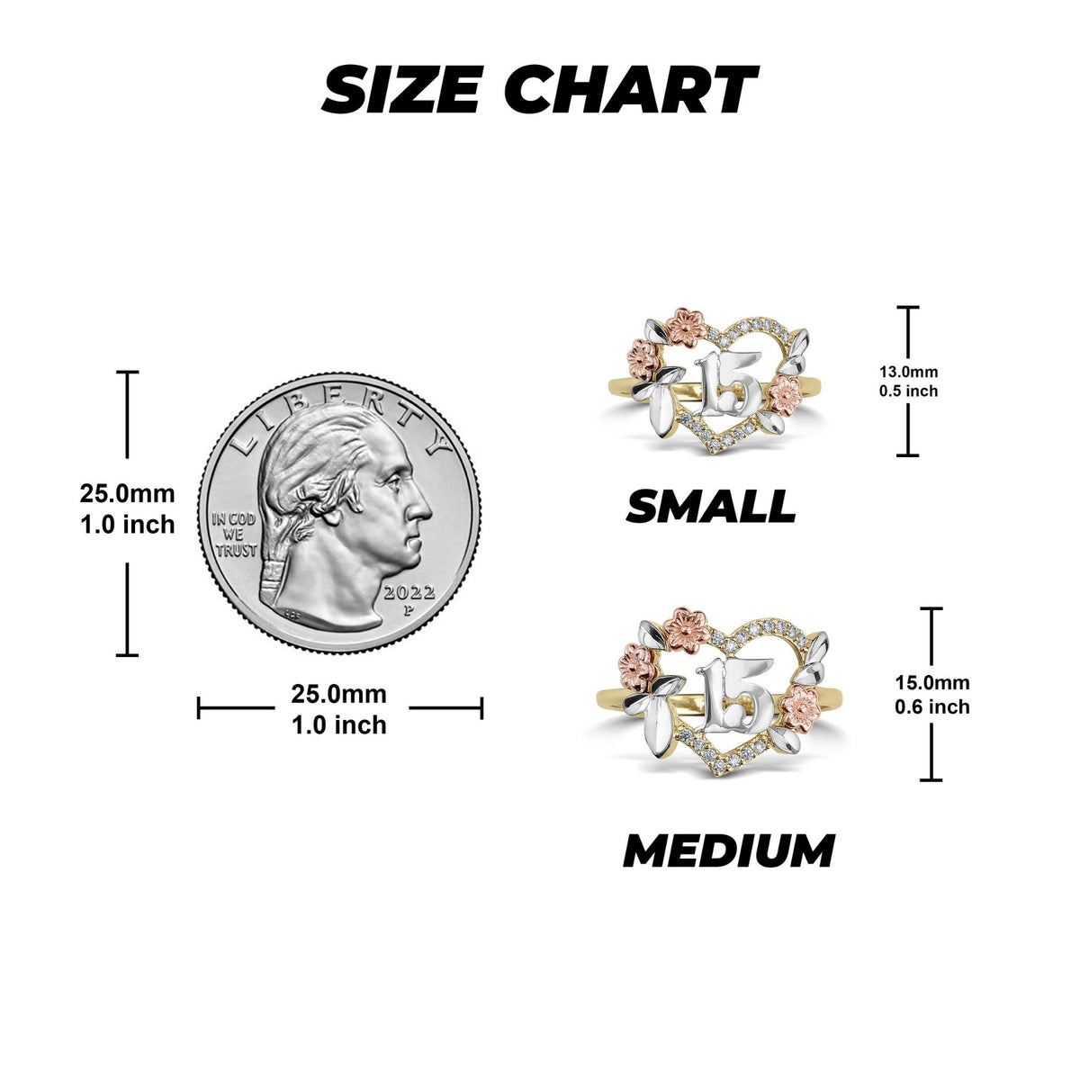 Size chart comparing small and medium Quinceañera heart rings to a US quarter.