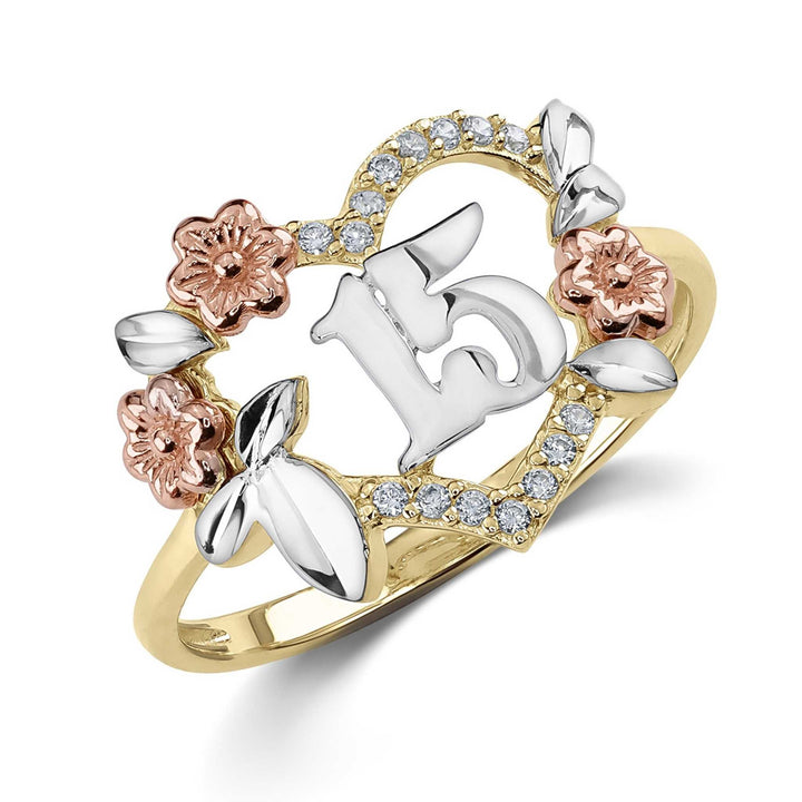 Tri-color gold heart ring featuring a prominent number 15 with rose gold flowers.