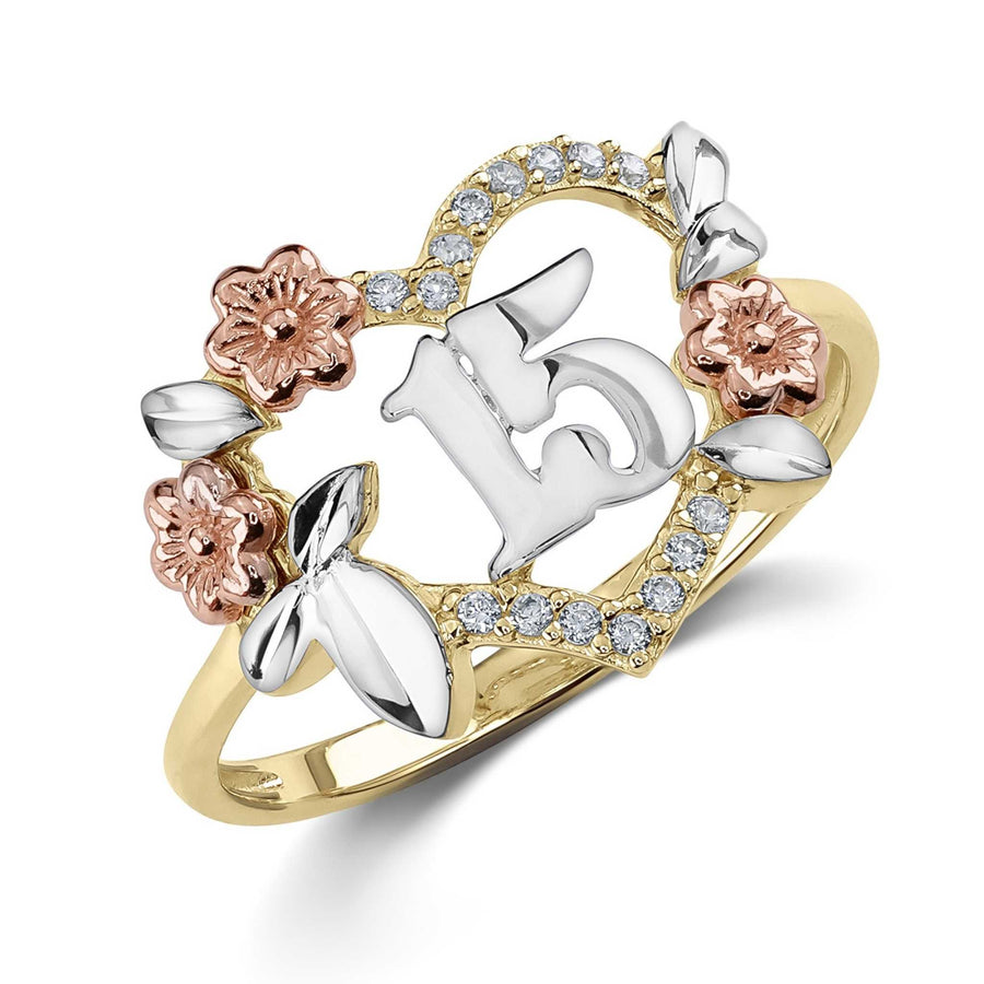 Tri-color gold heart ring featuring a prominent number 15 with rose gold flowers.