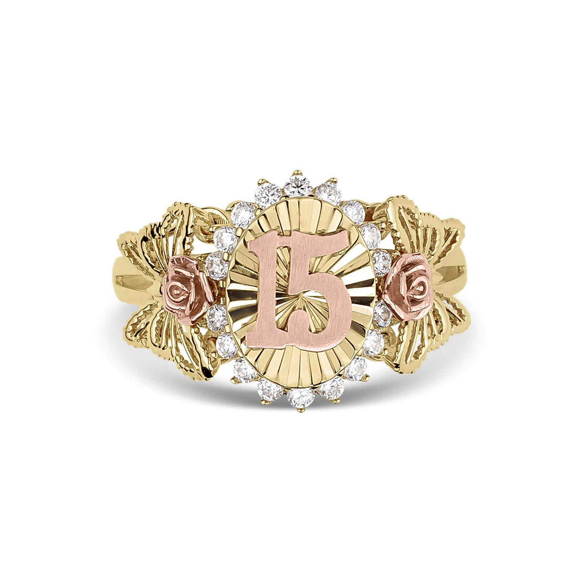 Front view of 10k or 14k gold Quinceañera ring with cubic zirconia accents.