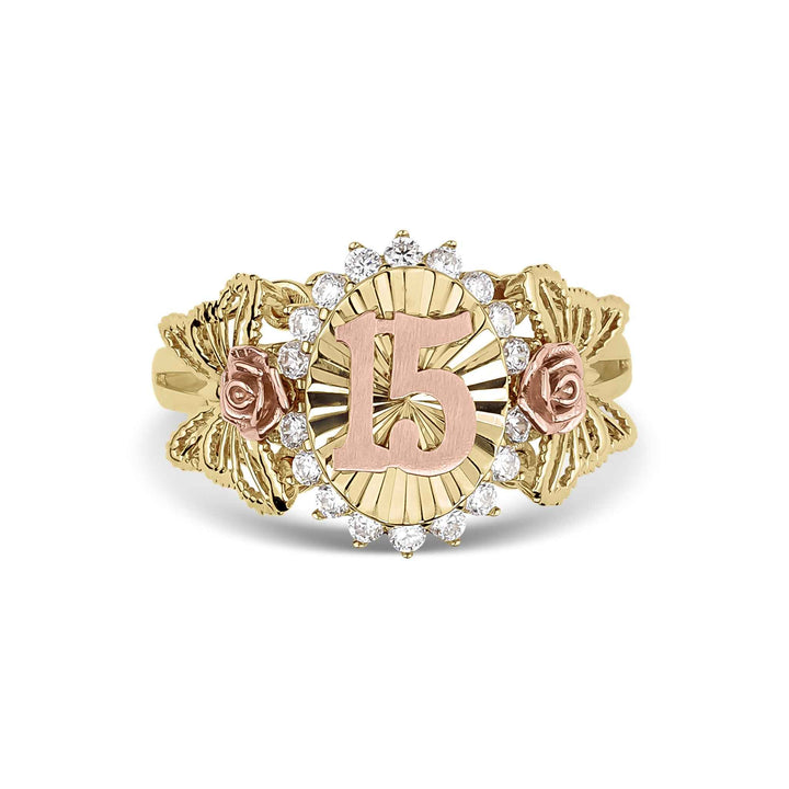 Front view of 10k or 14k gold Quinceañera ring with cubic zirconia accents.