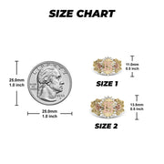 ize guide showing gold Quinceañera 15 ring dimensions next to a US quarter.