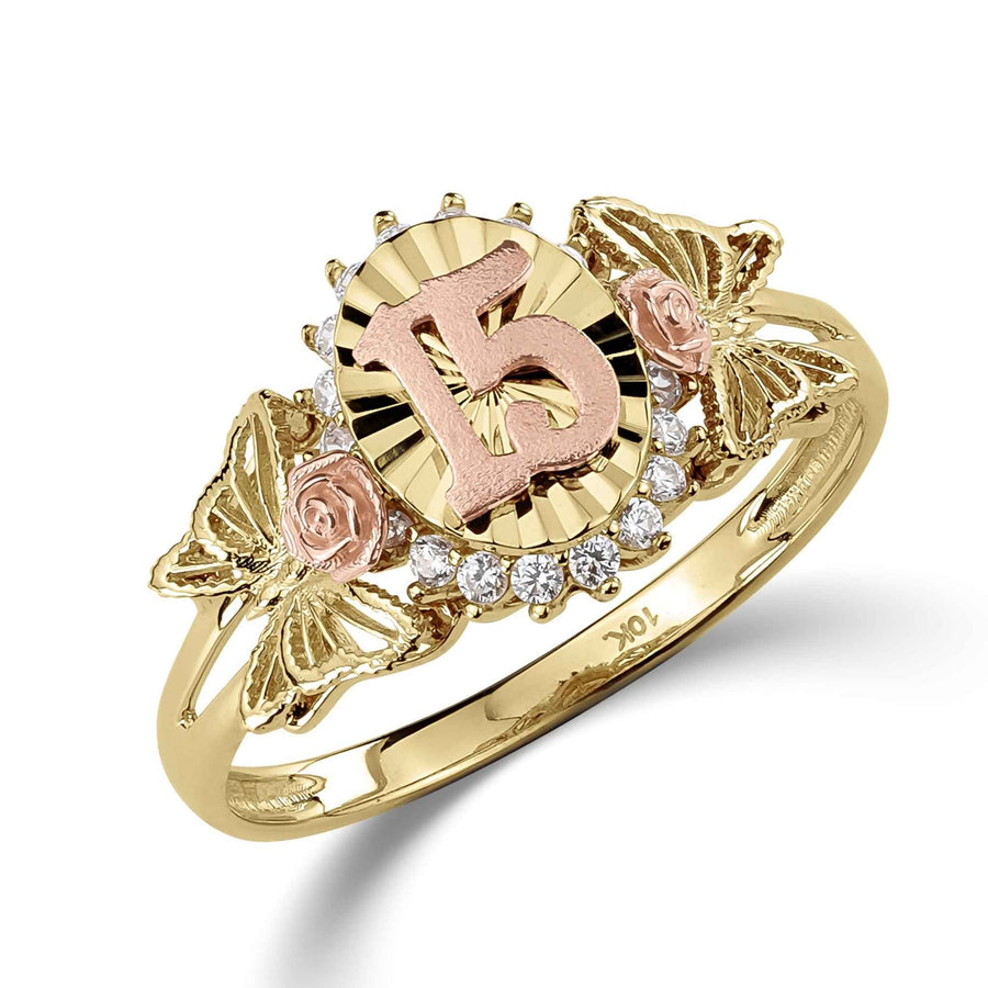 Two-tone gold Quinceañera 15 ring with rose and butterfly details on white background.