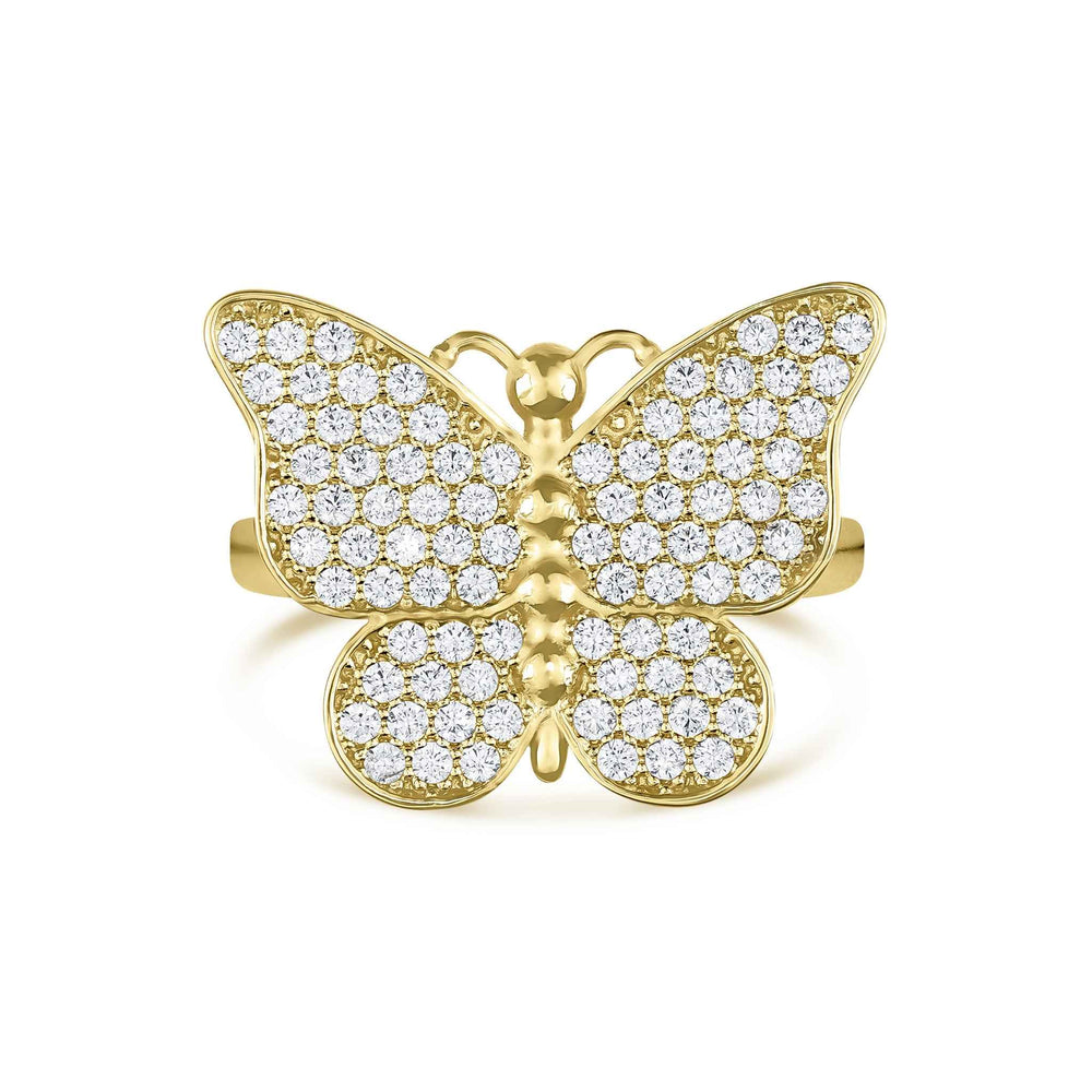 Front view of 10k or 14k gold Rav butterfly ring paved with cubic zirconia.