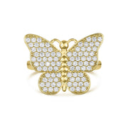 Front view of 10k or 14k gold Rav butterfly ring paved with cubic zirconia.