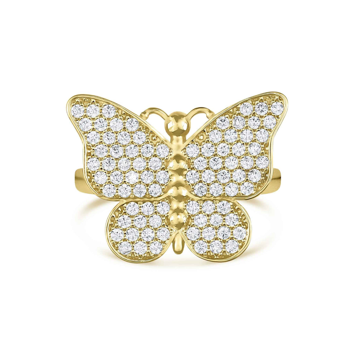 Front view of 10k or 14k gold Rav butterfly ring paved with cubic zirconia.