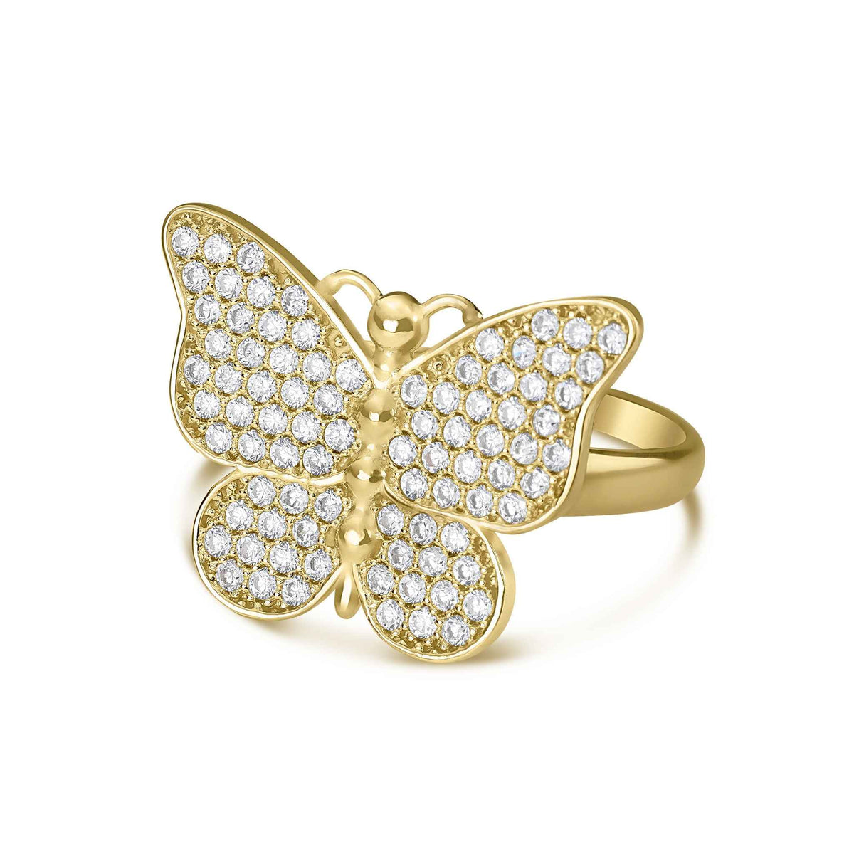 Angled view of gold Rav butterfly ring paved with brilliant cubic zirconia stones.