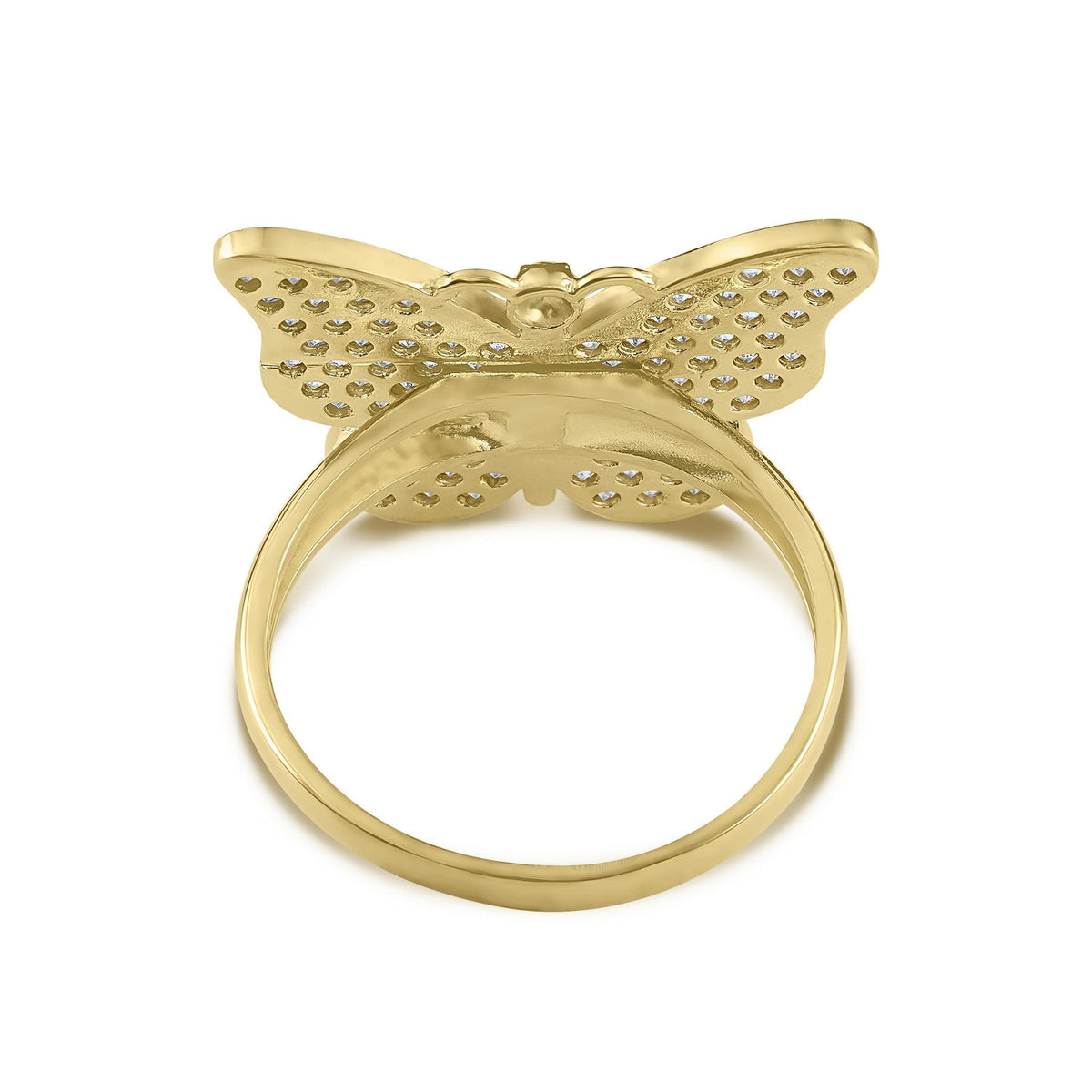 Inner view of gold Rav butterfly CZ ring on a white background.