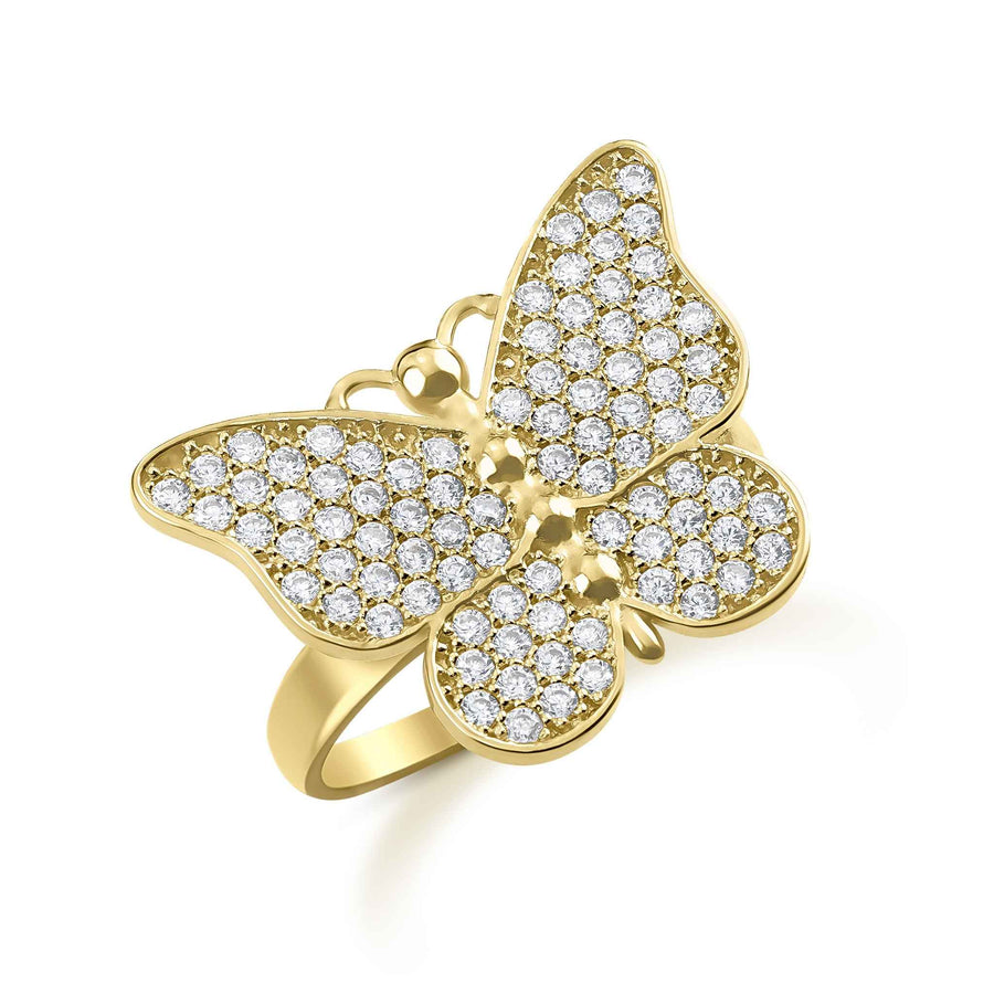 10k or 14k gold Rav butterfly ring paved with sparkling cubic zirconia stones.