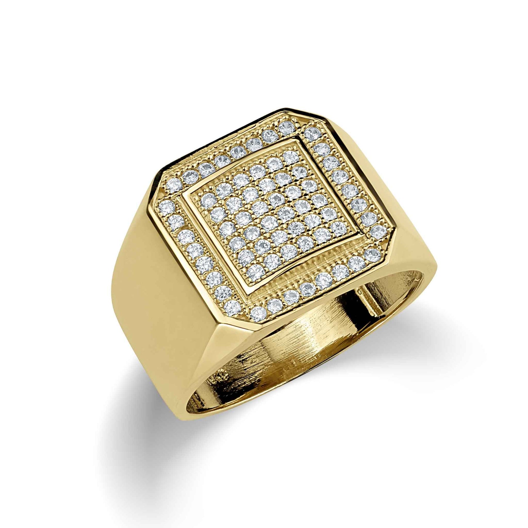 Angled view of a gold square signet ring with cubic zirconia on white background.
